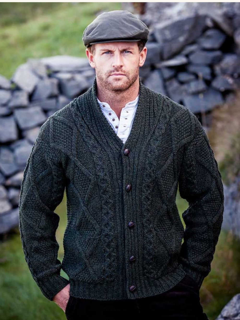 Aran Crafts Merino Wool Charcoal Cable Knit Shawl Collar Cardigan Size L